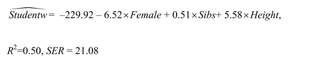In the process of collecting weight and height data from 29 female and 81 male students at your university, you also asked the students for the number of siblings they have. Although it was not quite clear to you initially what you would use that variable for, you construct a new theory that suggests that children who have more siblings come from poorer families and will have to share the food on the table.Although a friend tells you that this theory does not pass the straight-face test, you decide to hypothesize that peers with many siblings will weigh less, on average, for a given height.In addition, you believe that the muscle/fat tissue composition of male bodies suggests that females will weigh less, on average, for a given height.To test these theories, you perform the following regression: where Studentw is in pounds, Height is in inches, Female takes a value of 1 for females and is 0 otherwise, Sibs is the number of siblings. Interpret the regression results.