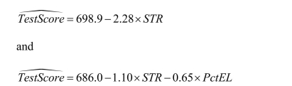 Your textbook extends the simple regression analysis of Chapters 4 and 5 by adding an additional explanatory variable, the percent of English learners in school districts (PctEl). The results are as follows: Explain why you think the coefficient on the student-teacher ratio has changed so dramatically (been more than halved).