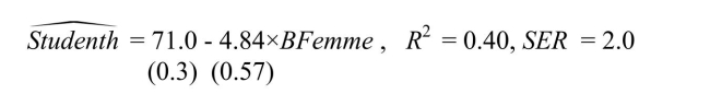 You have obtained measurements of height in inches of 29 female and 81 male students (Studenth)at your university.A regression of the height on a constant and a binary variable (BFemme), which takes a value of one for females and is zero otherwise, yields the following result: (a)What is the interpretation of the intercept? What is the interpretation of the slope? How tall are females, on average?
