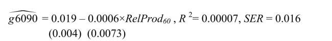 (Continuation from Chapter 4, number 6)The neoclassical growth model predicts that for identical savings rates and population growth rates, countries should converge to the per capita income level.This is referred to as the convergence hypothesis.One way to test for the presence of convergence is to compare the growth rates over time to the initial starting level. (a)The results of the regression for 104 countries were as follows: Using the OLS estimator with homoskedasticity-only standard errors, the results changed as follows: Why didn't the estimated coefficients change? Given that the standard error of the slope is now smaller, can you reject the null hypothesis of no beta convergence? Are the results in the second equation more reliable than the results in the first equation? Explain.