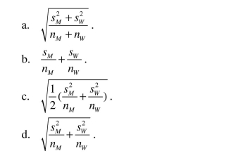 The standard error for the difference in means if two random variables M and W , when the two population variances are different, is