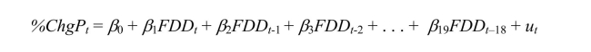 The distributed lag model relating orange juice prices to the Orlando weather reported in the text was of the form (a)Suppose that an agricultural economist tells you that a freeze in December is more harmful than a freeze in the other months.How would you modify the regression to incorporate this effect? How would you test for this December effect?