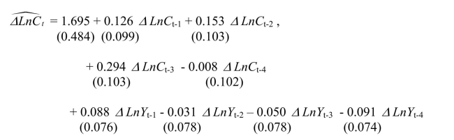 Having learned in macroeconomics that consumption depends on disposable income, you want to determine whether or not disposable income helps predict future consumption. You collect data for the sample period 1962:I to 1995:IV and plot the two variables. (a)To determine whether or not past values of personal disposable income growth rates help to predict consumption growth rates, you estimate the following relationship.   The Granger causality test for the exclusion on all four lags of the GDP growth rate is 0.98.Find the critical value for the 1%, the 5%, and the 10% level from the relevant table and make a decision on whether or not these additional variables Granger cause the change in the growth rate of consumption.