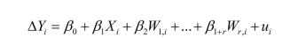 The New Jersey-Pennsylvania study on the effect of minimum wages on employment mentioned in your textbook used a comparison in means before and after analysis. The difference-in-difference estimate turned out to be 2.76 with a standard error of 1.36. The authors also used a difference-in-differences estimator with additional regressors of the type (a)Given that there are four chains and the possibility of a company ownership, why did the authors not include five W-variables?