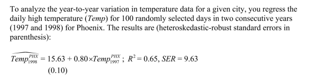 (a)Calculate the predicted temperature for the current year if the temperature in the previous year was 400F, 780F, and 1000F.How does this compare with you prior expectation? Sketch the regression line and compare it to the 45 degree line.What are the implications?