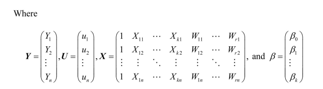 (Requires Matrix Algebra)The population multiple regression model can be written in matrix form as Note that the X matrix contains both k endogenous regressors and (r +1)included exogenous regressors (the constant is obviously exogenous). The instrumental variable estimator for the overidentified case is