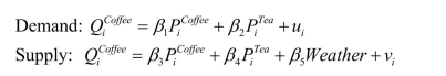 Consider the following model of demand and supply of coffee: (variables are measure in deviations from means, so that the constant is omitted). What are the expected signs of the various coefficients this model? Assume that the price of tea and Weather are exogenous variables.Are the coefficients in the supply equation identified? Are the coefficients in the demand equation identified? Are they overidentified? Is this result surprising given that there are more exogenous regressors in the second equation?
