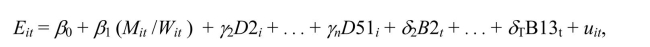 Two authors published a study in 1992 of the effect of minimum wages on teenage employment using a U.S.state panel.The paper used annual observations for the years 1977-1989 and included all 50 states plus the District of Columbia.The estimated equation is of the following type where E is the employment to population ratio of teenagers, M is the nominal minimum wage, and W is average wage in the state.In addition, other explanatory variables, such as the prime-age male unemployment rate, and the teenage population share were included. (a)Briefly discuss the advantage of using panel data in this situation rather than pure cross sections or time series.