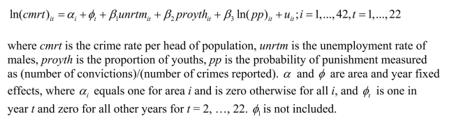 A researcher investigating the determinants of crime in the United Kingdom has data for 42 police regions over 22 years.She estimates by OLS the following regression (a)