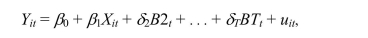 Consider the case of time fixed effects only, i.e., following equation where each of the binary variables B2, …, BT indicates a different time period.Explain in words why the two equations are the same.Finally show why there is perfect multicollinearity if you add another binary variable B1.What is the intuition behind the fact that the OLS estimator does not exist in this case? Would that also be the case if you dropped the intercept?