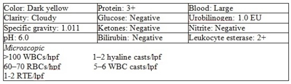 <strong>A 40-year-old female tennis player with tendonitis is taking large doses of an over-the-counter nonsteroidal anti-inflammatory agent.After taking the medication for several weeks,she develops a skin rash and observes a decrease in urine volume.Results of her urinalysis are:   What additional test might be requested on this specimen?</strong> A) Creatinine clearance B) Prussian blue stain C) Urine eosinophil stain D) Fungal culture <div style=padding-top: 35px> 