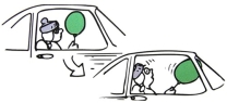A little girl sits in a car at a traffic light holding a helium-filled balloon as shown in the illustration below. The windows are closed and the car is relatively airtight. When the light turns green and the car accelerates forward, her head pitches backward but the balloon pitches forward. Why?   A)  This demonstration will only work with a helium filled mylar balloon since the mylar is unaffected by the motion of the air moving backwards inside the car. B)  Since helium is lighter than air, it will follow the path of the car and not the direction of movement of the air within it. C)  Since the car is relatively airtight and the balloon is not anchored to the car, the balloon will be unaffected by the acceleration of the car. D)  The air inside the car has more inertia than the helium in the helium balloon. Therefore, although the air pitches backwards, the lighter helium moves forward.