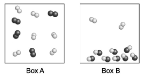 Each sphere in the diagrams below represents an atom. Joined spheres represent molecules. Assume the two boxes are at the same temperature. Which box contains a higher boiling point liquid?   A)  Box A B)  Box B C)  both Box A and Box B D)  neither box