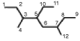 Which number set identifies the longest chain of carbons in the following structure?   A)  1, 2, 3, 5, 10, 11, 6, 7, 8, 9 B)  9, 8, 7, 12, 6, 5, 3, 2, 1 C)  9, 8, 7, 6, 5, 3, 2, 1 D)  9, 8, 7, 6, 5, 10, 11
