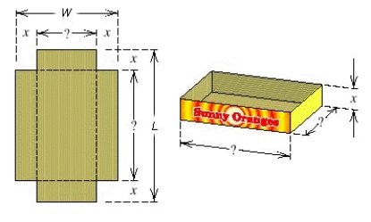  From a rectangular piece of cardboard having dimensions W = 18 and L = 40 an open box is to be made by cutting out identical squares of area x<sup> 2 </sup> from each corner and turning up the sides (see Illustration) . Find all positive values of x such that the volume of the box V ( x )  > 0. Include only allowable values of x in your answer.   A)   ( 0,9 )   B)   ( 0,9 )  \cup ( 20 , \infty )   C)   ( 0,20 )   D)   ( - \infty , 9 )  \cup ( 20 , \infty )   E)   ( 0 , \infty ) 