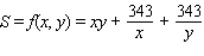 An open rectangular box having a volume of   is to be constructed from a tin sheet. Find the dimensions of such a box if the amount of material used in its construction is to be minimal. Hint: Let the dimensions of the box be x by y by z. Then, xyz = 108 and the amount of material used is given by S = xy + 2yz + 2xz. Show that   Minimize f(x, y) x = __________ y = __________ z = __________