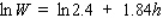 For children between the ages of 5 and 13 years old, the Ehrenberg equation   gives the relationship between the weight W (in kilograms) and the height h (in meters) of a child. Use differentials to estimate the change in the weight of a child who grows from 0.8 m to 1 m. Round the answer to the nearest tenth. __________ kg