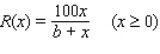 Experiments conducted by A. J. Clark suggest that the response R(x) of a frog's heart muscle to the injection of x units of acetylcholine (as a percent of the maximum possible effect of the drug) may be approximated by the rational function    where b is a positive constant that depends on the particular frog. If a concentration of 40 units of acetylcholine produces a response of 40% for a certain frog, find the  response function  for this frog.