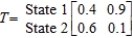 The transition matrix for a Markov process is given by State 1 2   Given that the outcome state 2 has occurred, what is the probability that the next outcome of the experiment will be state 1? A)  0.1 B)  0.4 C)  0.9 D)  0.6