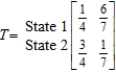 The transition matrix for a Markov process is given by State 1 2   Given that the outcome state 1 has occurred, what is the probability that the next outcome of the experiment will be state 2? A)    B)    C)    D)    E)   