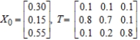 Find   (the probability distribution of the system after two observations)  for the given distribution vector   and the given transition matrix   .   ​ A)    B)    C)    D)   