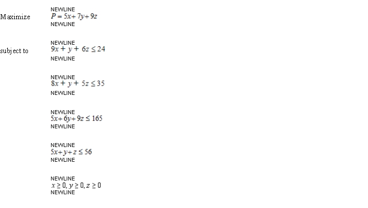 Solve the linear programming problem by the simplex method.   A)  x = 24, y = 0, z = 24, t = 0, u = 11, v = 21, w = 32, P = 134 B)  x = 0, y = 24, z = 0, t = 0, u = 11, v = 21, w = 32, P = 168 C)  x = 11, y = 24, z = 0, t = 0, u = 0, v = 21, w = 32, P = 179 D)  x = 11, y = 0, z = 0, t = 24, u = 11, v = 21, w = 32, P = 96