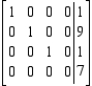 Given that the augmented matrix in row-reduced form is equivalent to the augmented matrix of a system of linear equations, determine whether the system has a solution and find the solution or solutions to the system, if they exist.   A)    B)    C)    D)    E)  The system is inconsistent.
