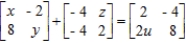 Solve for u, x, y, and z in the matrix equation.  