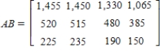 A university admissions committee anticipates an enrollment of 8,000 students in its freshman class next year. To satisfy admission quotas, incoming students have been categorized according to their sex and place of residence. The number of students in each category is given by the matrix   By using data accumulated in previous years, the admissions committee has determined that these students will elect to enter the College of Letters and Science, the College of Fine Arts, the School of Business Administration, and the School of Engineering according to the percentages that appear in the following matrix:   Find the matrix AB that shows the number of in-state, out-of-state, and foreign students expected to enter each discipline. A)    B)    C)    D)   