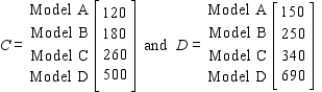 The total output of loudspeaker systems of the Acrosonic Company in their three production facilities for May and June is given by the matrices A and B, respectively, where     The unit production costs and selling prices for these loudspeakers are given by matrices C and D, respectively, where   Calculate   . A)    B)    C)    D)   