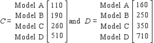 The total output of loudspeaker systems of the Acrosonic Company in their three production facilities for May and June is given by the matrices A and B, respectively, where     The unit production costs and selling prices for these loudspeakers are given by matrices C and D, respectively, where   Calculate (A + B)(D - C).
