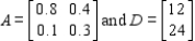 In this problem matrix A is an input-output matrix associated with an economy, and matrix D (units in millions of dollars)  is a demand vector. Find the final outputs of each industry so that the demands of both industry and the open sector are met.   A)  The final output of first industry is $350 million. The final output of second industry is $164 million. B)  The final output of first industry is $168 million. The final output of second industry is $60 million. C)  The final output of first industry is $36 million. The final output of second industry is $168 million. D)  The final output of first industry is $180 million. The final output of second industry is $60 million. E)  The final output of first industry is $60 million. The final output of second industry is $350 million.