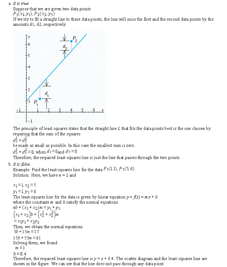 Determine whether the statement is true or false. If it is true, explain why it is true. If it is false, give an example to show why it is false. ​ If the data consist of two distinct points, then the least-squares line is just the line that passes through the two points. ​   A)  It is true. Suppose that we are given two data points   If we try to fit a straight line to these data points, the line will miss the first and the second data points by the amounts d1, d2, respectively. ​   The principle of least squares states that the straight line L that fits the data points best is the one chosen by requiring that the sum of the squares   Be made as small as possible. In this case the smallest sum is zero.   , when   and   . Therefore, the required least-squares line is just the line that passes through the two points. B)  It is false. Example: Find the least-squares line for the data   Solution: Here, we have n = 2 and   The least-squares line for the data is given by linear equation y = f(x)  = mx + b Where the constants m and b satisfy the normal equations       Then, we obtain the normal equations   Solving them, we found   Therefore, the required least-squares line is y = x + 0.4. The scatter diagram and the least-squares line are shown in the figure. We can see that the line does not pass through any data point.  