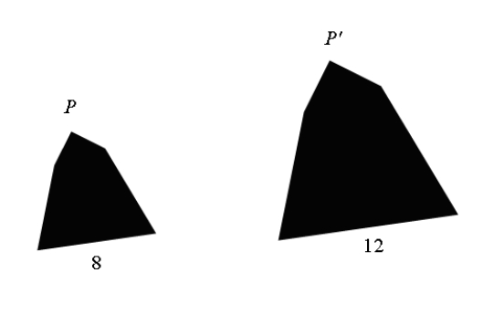The two polygons P and P' shown below are similar. If the area of P is 25, then find the area of P'.  