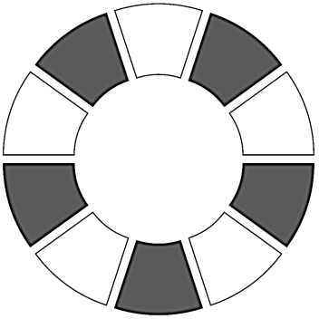 A circular game board is shown below. The board consists of ten different regions. Half of the regions are black and half of the regions are white. Suppose that you start on one of the white regions and you move around the board clockwise. On the first region you place 2 grains of rice, on the 2nd region you place 4 grains of rice, on the 3rd regions you place 8 grains of rice, and so on following the pattern. You stop placing grains of rice after you reach the 10th region. What would be the difference between the total number of grains found on white regions and the total number of grains found on black regions?  