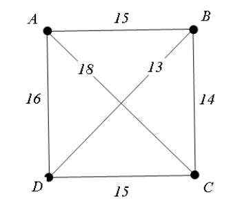 For the weighted graph shown below, find the optimal tour and write your answer using A as the starting and ending vertex.  