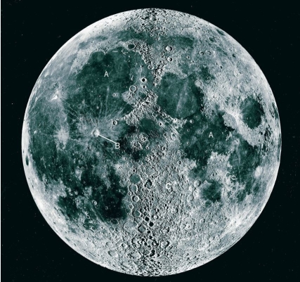 Carefully examine the telescopic view of the lunar surface (near side)below and the features labeled A,B,and C.   (a)Give a brief description that characterizes the bright area around C. (b)Notice the features like those labeled A.What are such features called? (c)How are craters like the one labeled B different from the craters of the area labeled C? (d)In what order (from first to latest)did the features form that are labeled A,B,and C?