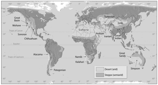 Observe the desert and steppe climates on Figure 20.8 below.How are these climates distributed relative to latitude? What is the relationship of dry climates to global circulation discussed in chapter 18?  