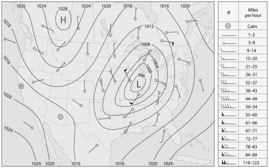 On the weather map below,describe the wind pattern and the relationship between the winds and isobars.  