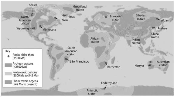 Examine Figure 12.12 below which illustrates the distribution of cratons and orogens (mountain belts)on Earth today.Briefly discuss how have these regions have developed over time using the concept of plate tectonics.Include the relationship between specific types of plate boundaries to the various regions if possible.  