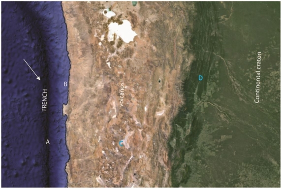 Refer to the figure below,captured from Google Earth,for the following questions.   -This mountain belt would be called ________. A) a collisional mountain belt B) a terrane accretion mountain belt C) an Andrean mountain belt D) fault block mountains