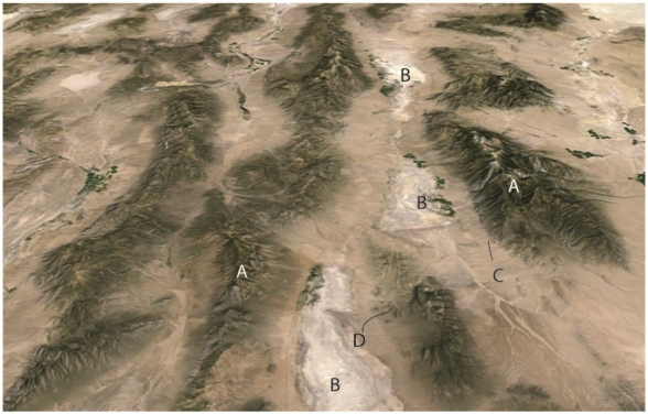 Use this figure for the following questions:   The figure above is an oblique Google earth image from southwestern North America looking approximately north.The view is approximately 50km across.The area is a classic area of normal faulting. -Topographic basins like the areas labeled B in this figure are called ________.