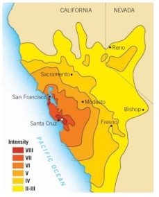 The figure below shows the intensity of an Earthquake in northern California that affected much of the same areas that were damaged by the 1906 earthquake in a very similar manner.Based on this information,________.   A) people should not be allowed to build homes in the intensity VIII regions because the U.S.taxpayer has to pay to rebuild after such an earthquake B) people who live in the high intensity regions should be required to carry earthquake insurance C) construction methods are clearly inadequate in the high intensity areas,and all homes in those areas need to be reinforced D) in general,the current building codes are adequate,but people should be aware of the hazards in this area