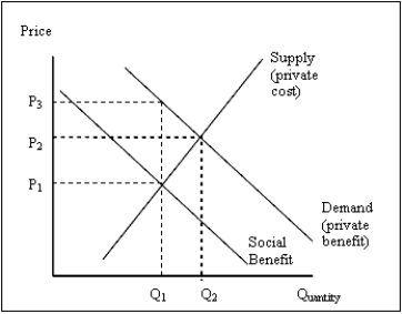 Exhibit 15-1   -Refer to Exhibit 15-1.The price and quantity combination that represents social efficiency for this market is A) P<sub>1</sub> and Q<sub>1</sub>. B) P<sub>1</sub> and Q<sub>2</sub>. C) P<sub>2</sub> and Q<sub>1</sub>. D) P<sub>2</sub> and Q<sub>2</sub>. E) P<sub>3</sub> and Q<sub>1</sub>.