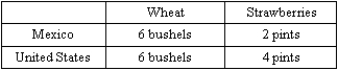 Exhibit 29-5   -Refer to Exhibit 29-5.Suppose that the following table represents the production of wheat and strawberries per unit of labor in the United States and Mexico: (A)Which country has a comparative advantage in wheat production? Why? (B)Which country has an absolute advantage in wheat? in strawberries? Why? (C)With free trade between the United States and Mexico,is it possible that 1 bushel of wheat will trade for 1 pint of strawberries? Why or why not? (D)Suppose the free trade price is 2 bushels of wheat for 1 pint of strawberries.Draw a diagram indicating the production possibilities curve with and without trade if the United States has 100 million units of labor.How much of each good will the United States produce?