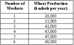 Funny Farm is a 400-acre profit-maximizing farm that produces wheat. The wheat industry is competitive and the price of wheat is $5 per bushel. The relationship between the number of workers the farm hires and the production of wheat is shown in the table below.    