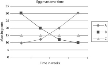 A student studying bird development recorded the mass of eggs from the time they were laid until the time they hatched in order to relate the mass of the egg to the final mass of the chick.    -Which of these lines represents the pattern of change in mass over that time? A)  A B)  B C)  C