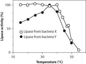 Lipase is an enzyme released by the pancreas that digests fats in the small intestine; however, lipase is also found in bacteria. Researchers examined lipase function in two species of bacteria, species X and species Y. Data regarding the activity of lipase as a function of temperature are shown below for the lipase from bacteria X (white circles)  and the lipase from bacteria Y (black circles) . Use this information to answer the following three questions.    Lipase activity as a function of temperature. -What is true regarding the function of lipase? A)  Lipase raises the activation energy required to hydrolyze proteins. B)  Lipase lowers the activation energy required to hydrolyze proteins. C)  Lipase raises the activation energy required to hydrolyze fats. D)  Lipase lowers the activation energy required to hydrolyze fats.