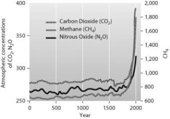 According to this graph of changes in Earth's atmosphere, which change took place between the years 1800 and 2000?   A)  Nitrous oxide (N<sub>2</sub>O)  levels increased from 270 ppb to 390 ppb. B)  Carbon dioxide (CO<sub>2</sub>)  levels increased from 950 ppb to 1,800 ppb. C)  Carbon dioxide (CO<sub>2</sub>)  levels increased from 290 ppm to 380 ppm. D)  Methane (CH<sub>4</sub>)  levels increased from 270 ppm to almost 2,000 ppm.