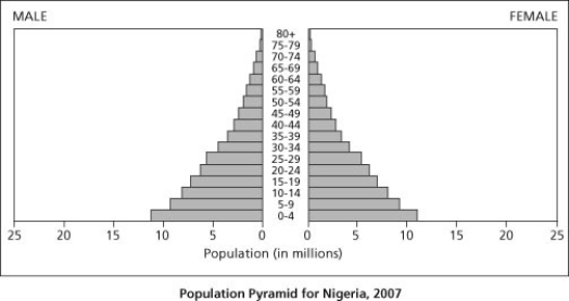 An African family that has been displaced from their home by civil war is trying to select a new country in which to settle to gain better economic opportunities. Nigeria is a large country with rich natural resources, and the family is considering it for its new home. Among the data the family finds while researching Nigeria is the following diagram of the current age structure of the country.    -Based on the age structure of the country, what situation would be most likely to occur over the next 20 years? A)  strong economic gains stimulated by population growth B)  an increased demand for resources based on population growth C)  a decreased demand for medical services due to the small number of elderly citizens D)  a decline in housing prices based on lack of demand